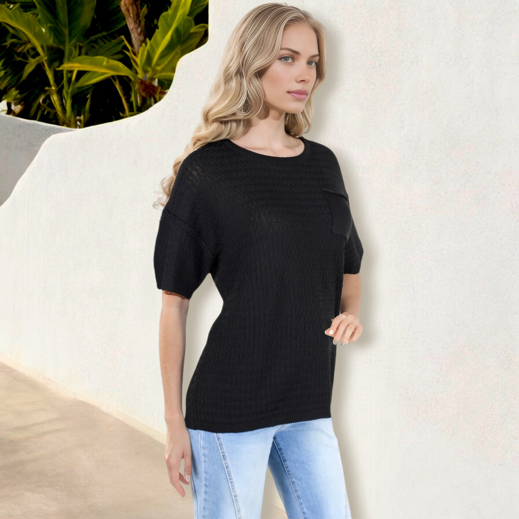 Camiseta de manga corta de punto gofrado para mujer de Anna-Kaci con bolsillo en el pecho