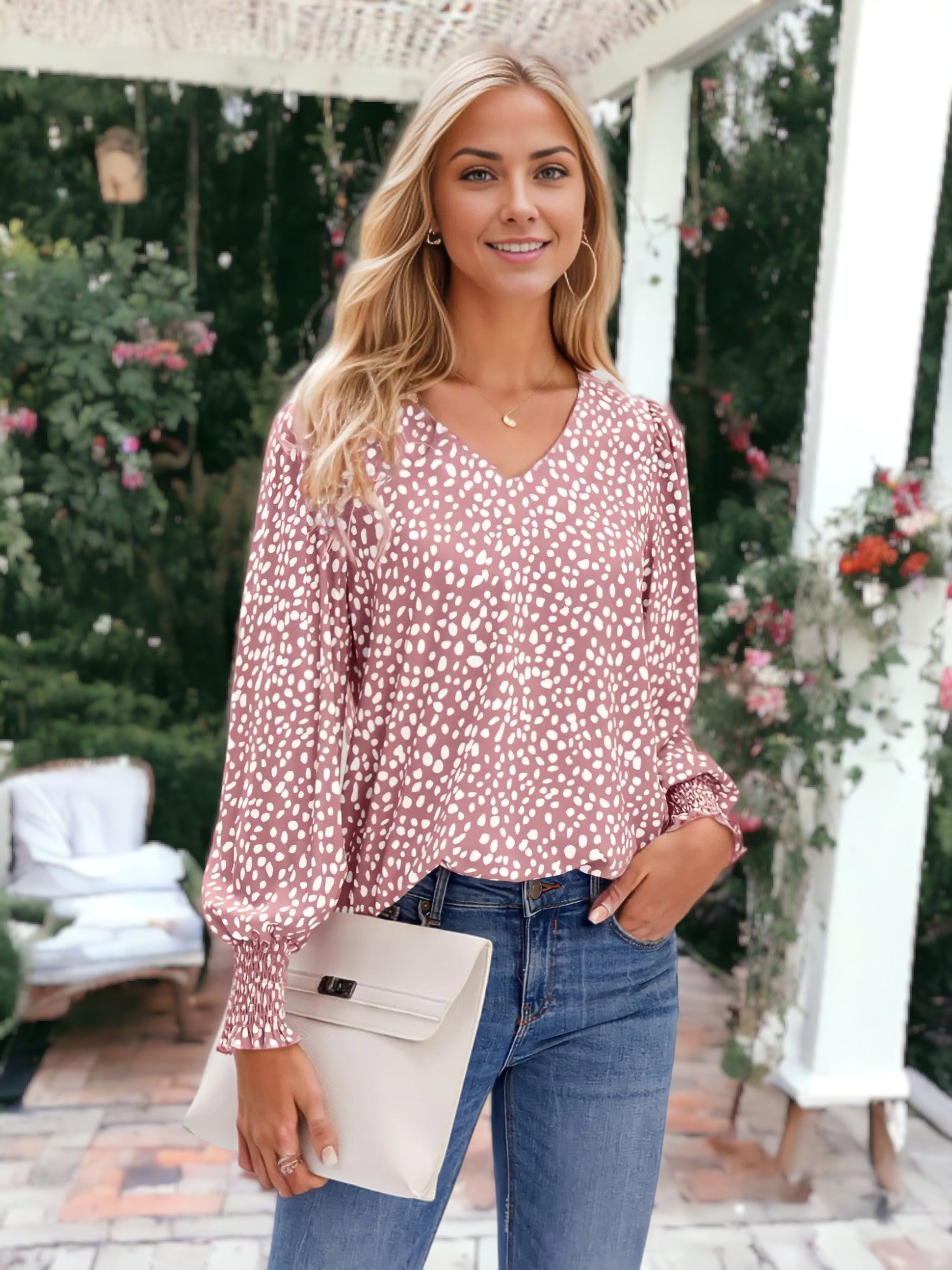 Long Sleeve Light V-Neck Bishop Sleeve Leopard Blouse