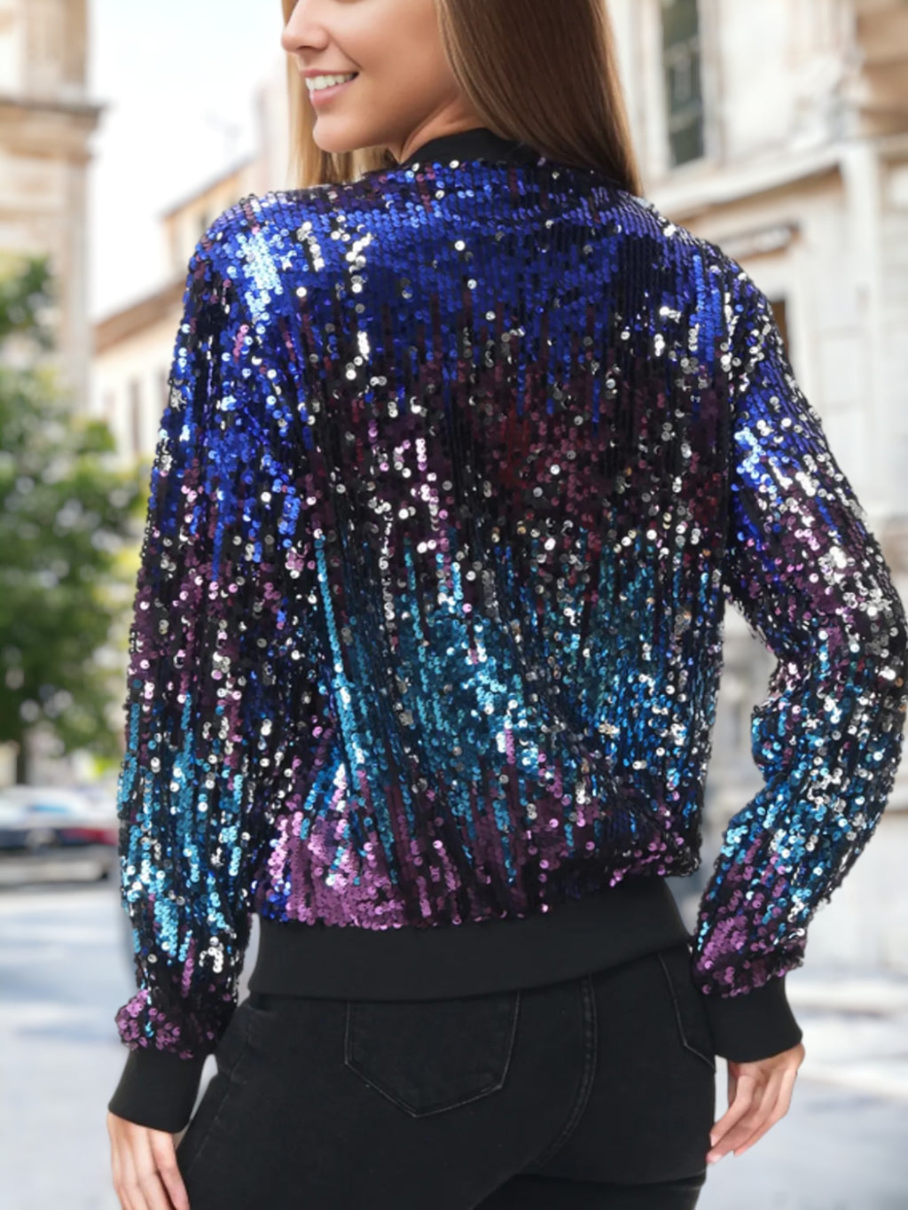 Chaqueta bomber con cremallera y destellos ombré de lentejuelas
