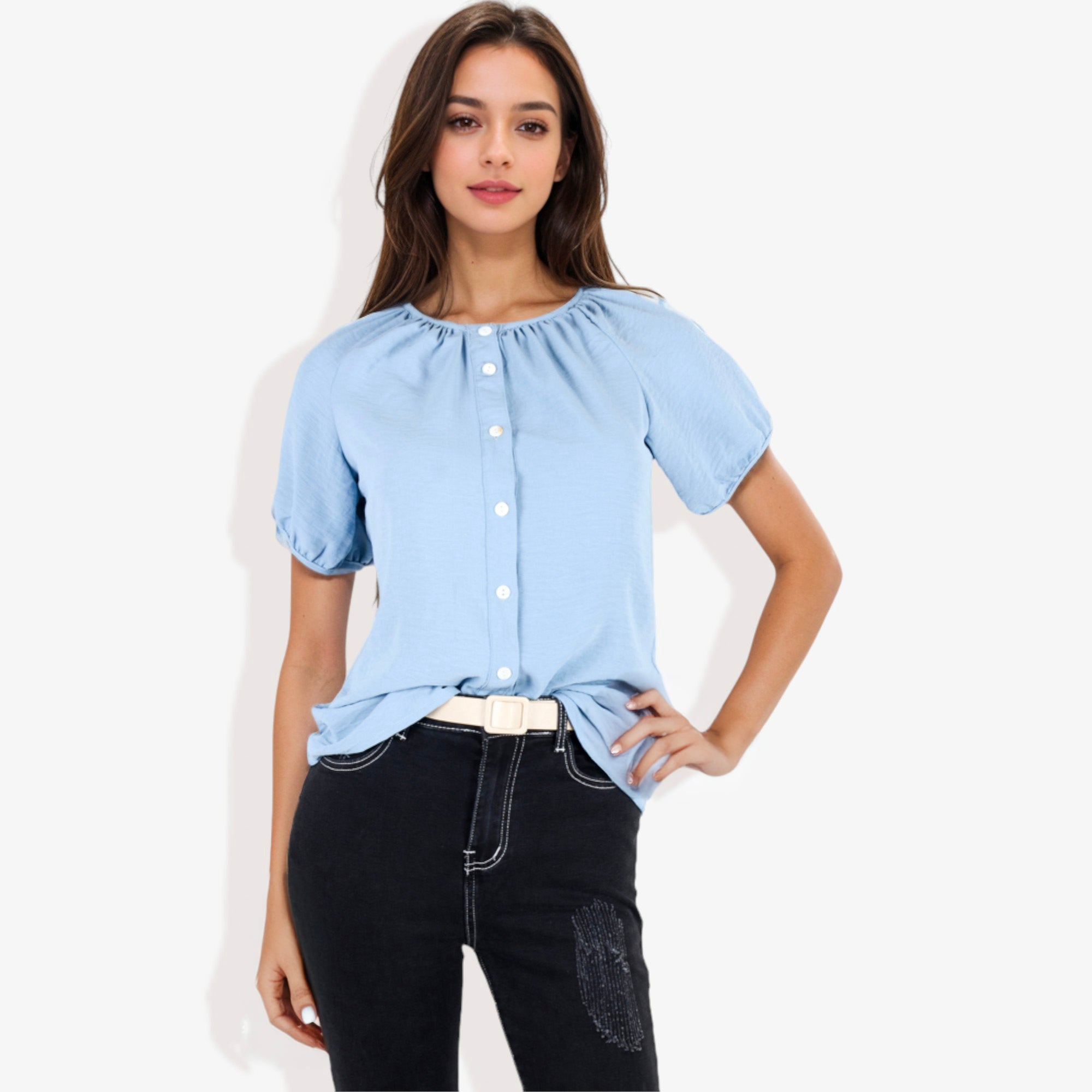 Blusa informal de cuello en V y manga corta con botones para mujer