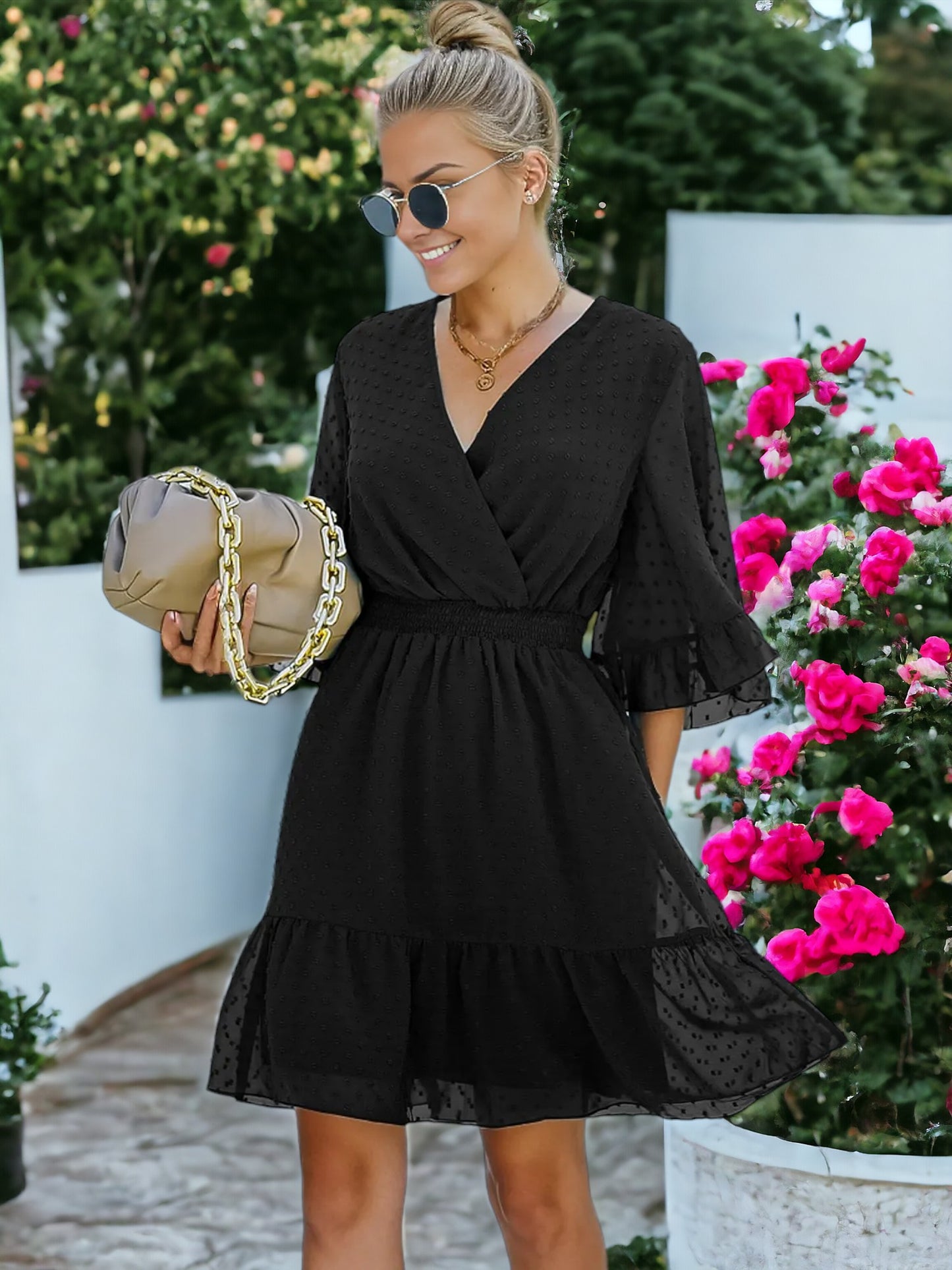 V Neck Bell Sleeve Swiss Dot A-Line Elastic Waist Ruffle Hem Short Dress