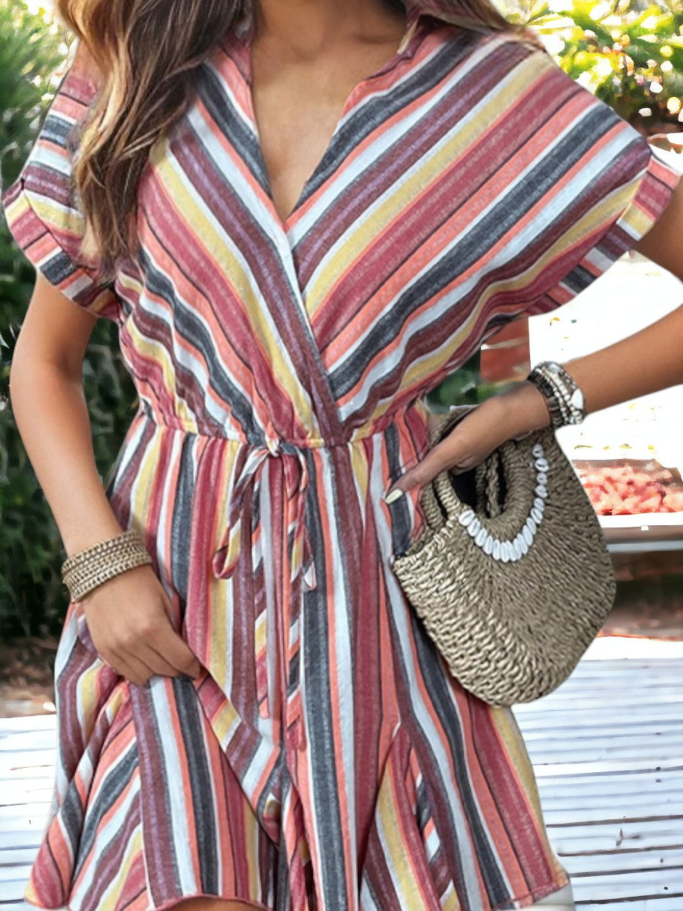 Striped Printed Short Sleeve Polo Neck Casual Dresses