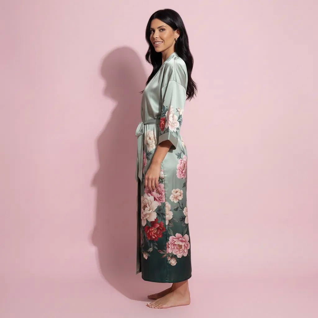 Anna-Kaci Women's Long Satin Kimono Robe with Tie Waist and Artistic Floral Print