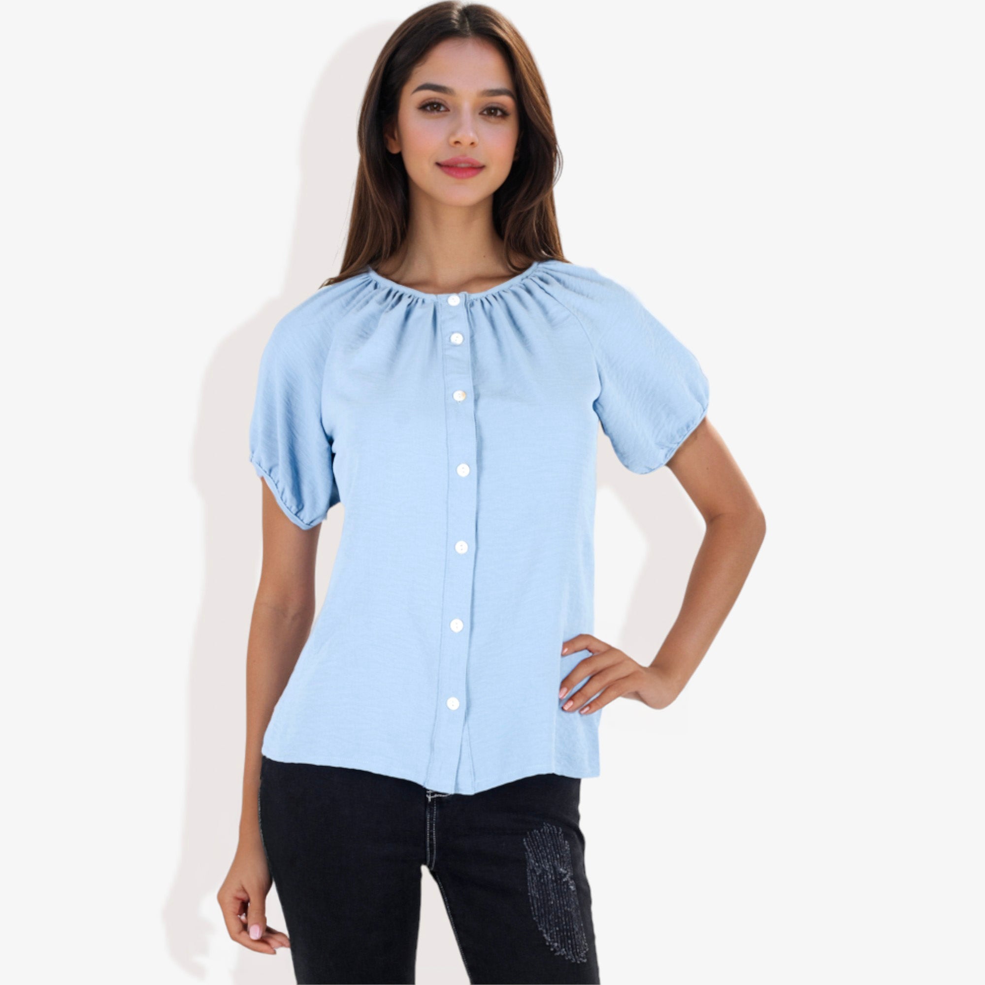 Blusa informal de cuello en V y manga corta con botones para mujer