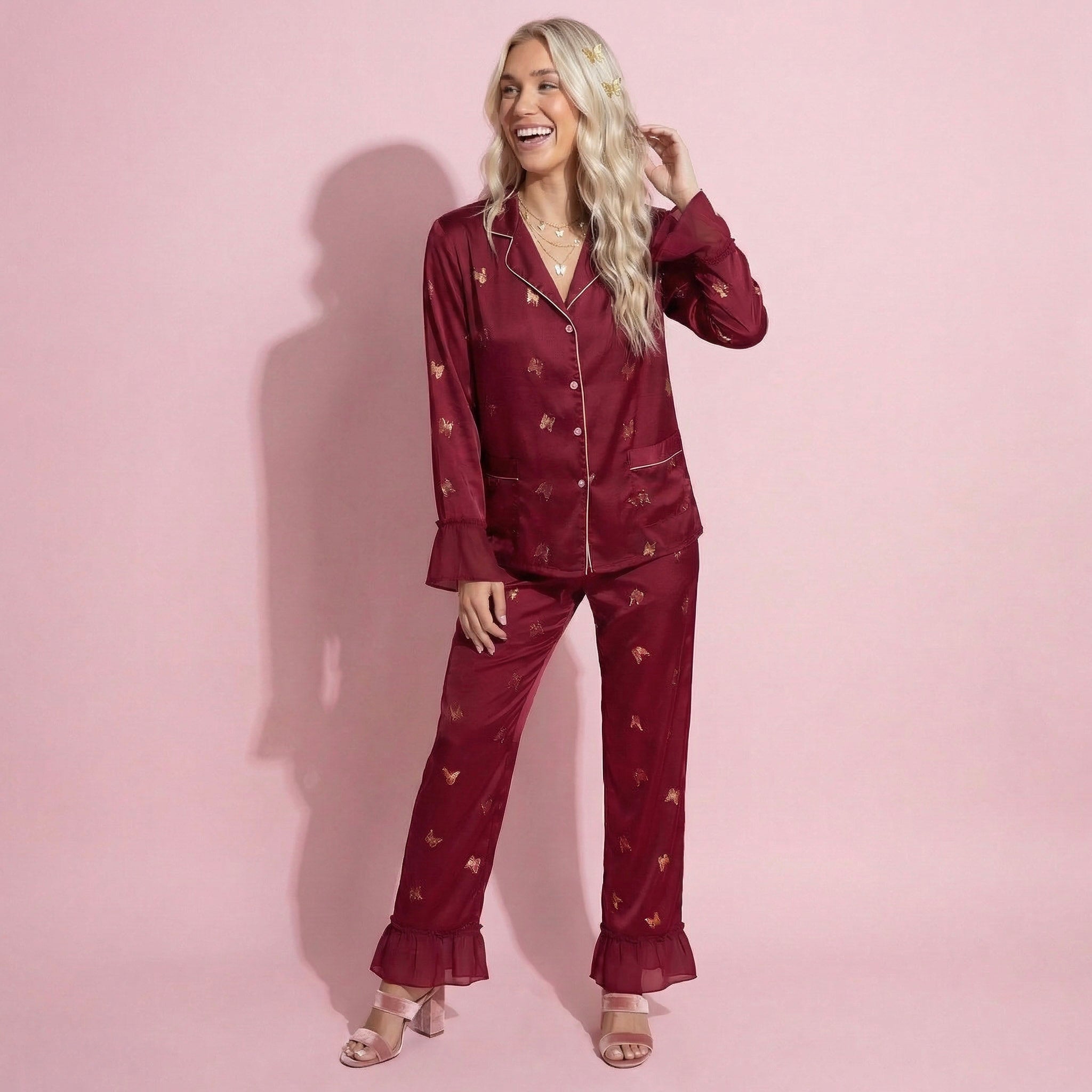 Anna-Kaci Lounge Women's 2-Piece Set Satin Pajama Top with Piping Detail and Ruffled Cuffs Paired with Matching Pants