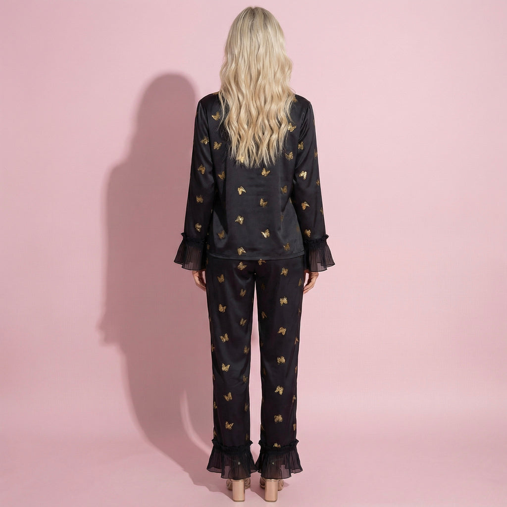 Anna-Kaci Lounge Women's 2-Piece Set Satin Pajama Top with Piping Detail and Ruffled Cuffs Paired with Matching Pants