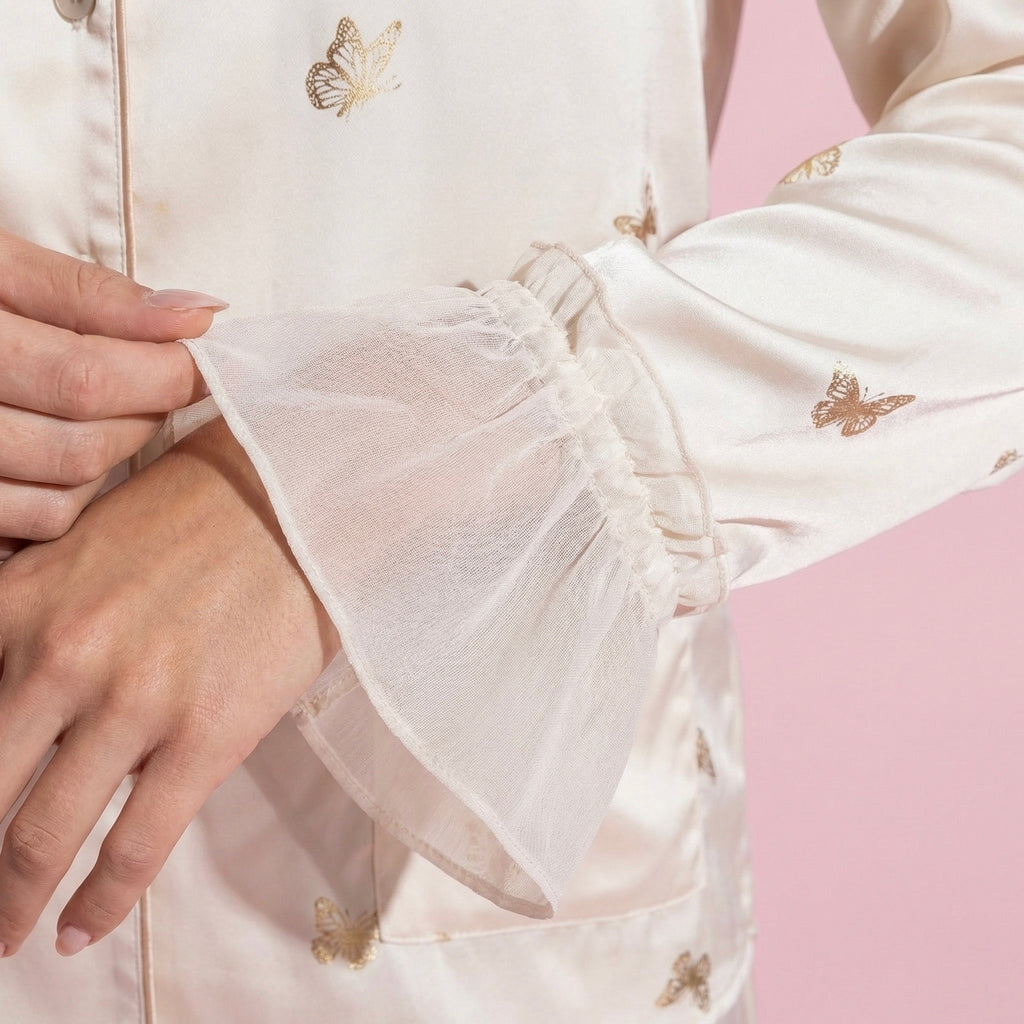 Anna-Kaci Lounge Women's 2-Piece Set Satin Pajama Top with Piping Detail and Ruffled Cuffs Paired with Matching Pants