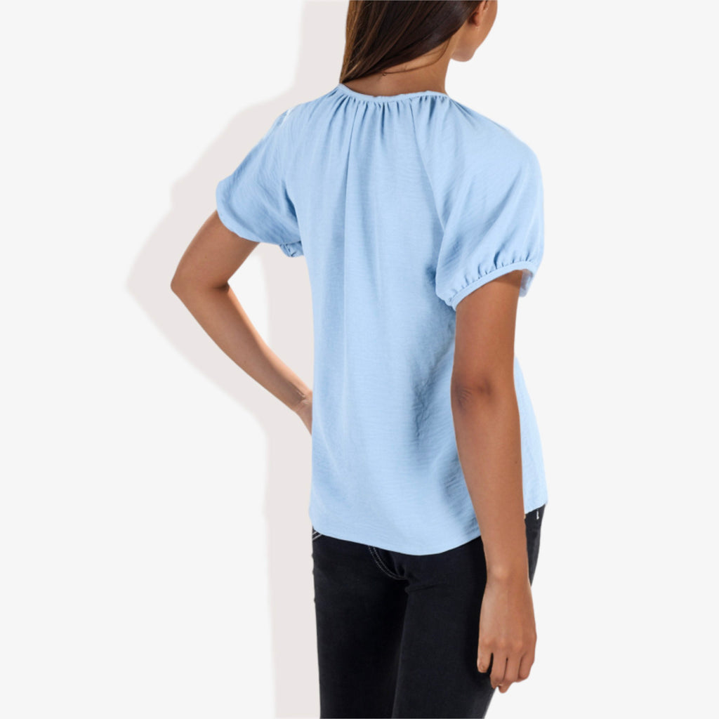 Blusa informal de cuello en V y manga corta con botones para mujer