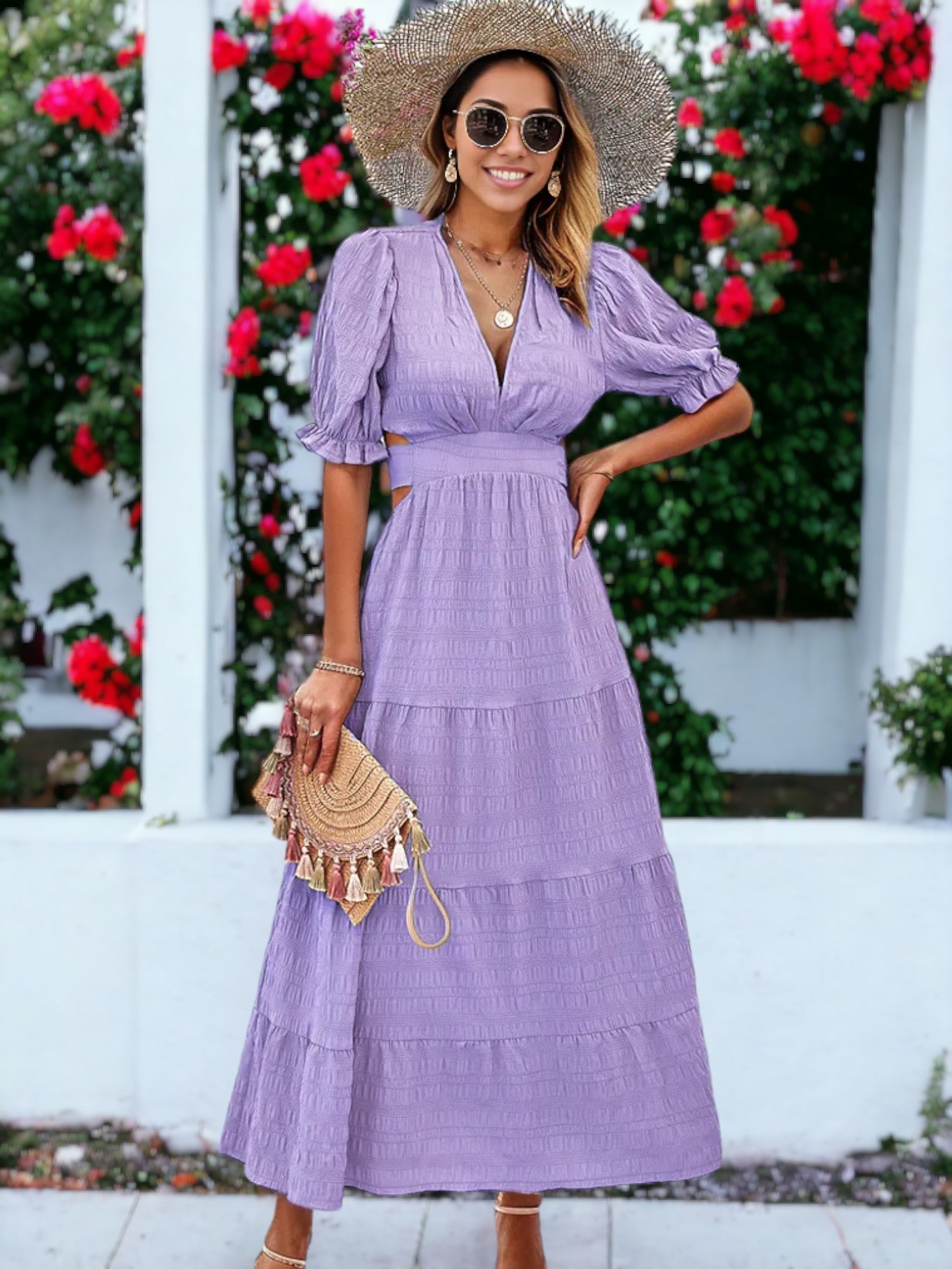 Solid Color V-Neck Textured Puffed Sleeve Maxi Dress