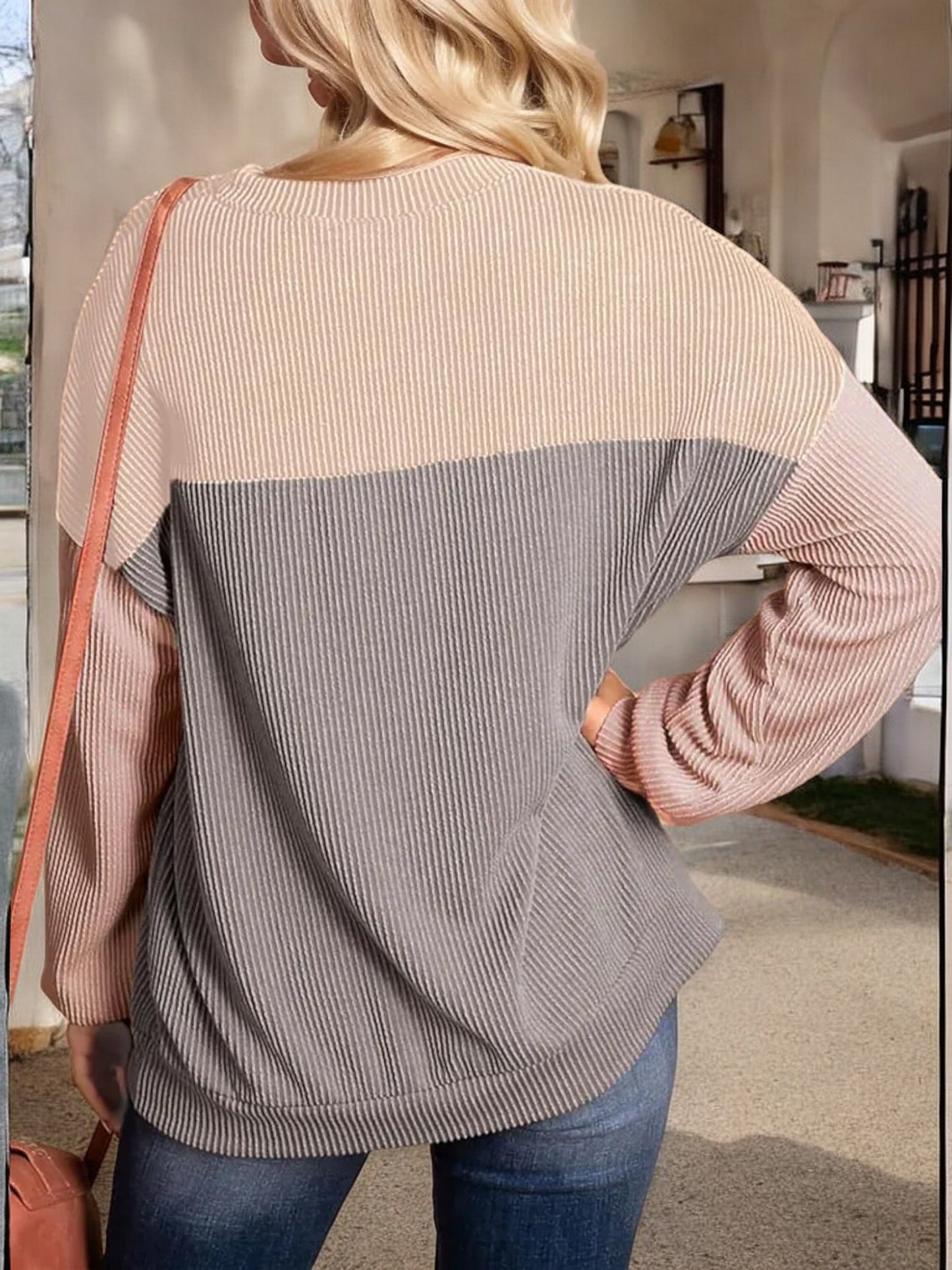 Anna-Kaci Women's Color Block Ribbed Knit Sweater with Long Sleeves and Crew Neckline