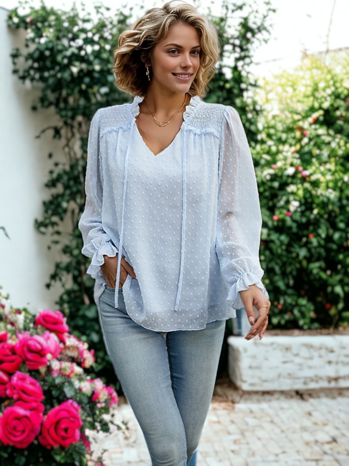 Ruffle Tie Neck Swiss Dot Blouse
