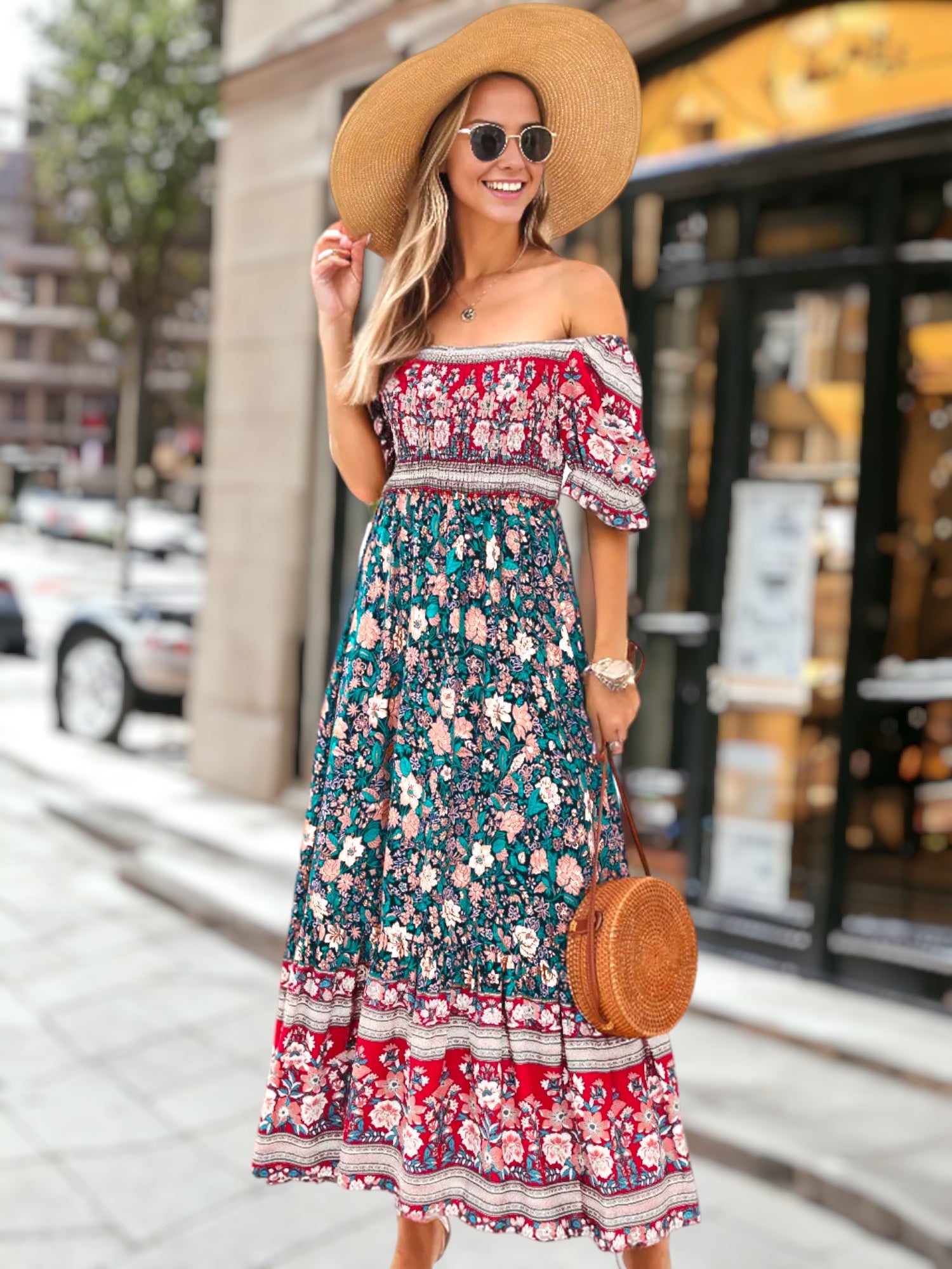 Multicolor Floral Print Off-Shoulder Bohemian Dress for Women Anna-Kaci Multicolor Floral Print Off-Shoulder Bohemian Dress for Women Anna-Kaci