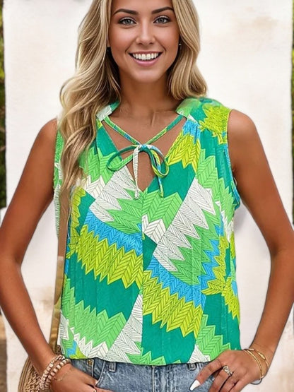 Sleeveless Printed Top with Keyhole Tie Neck and Chevron Pattern