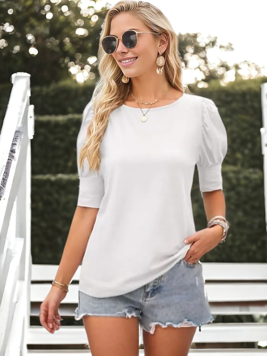 Blusa informal de cuello redondo y mangas abullonadas para mujer