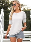 Blusa informal de cuello redondo y mangas abullonadas para mujer