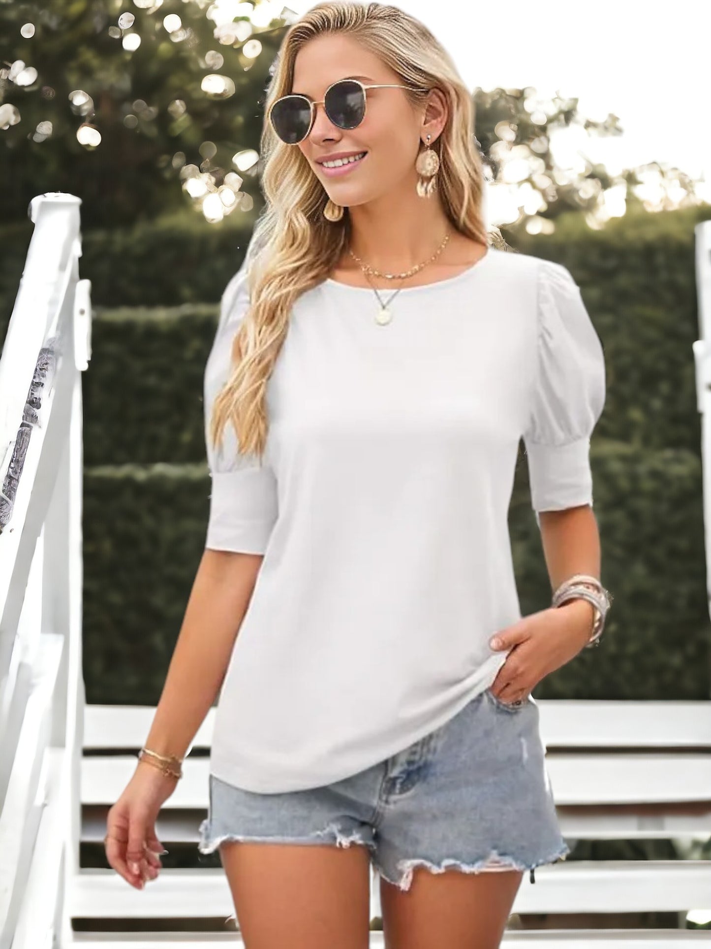 Blusa informal de cuello redondo y mangas abullonadas para mujer