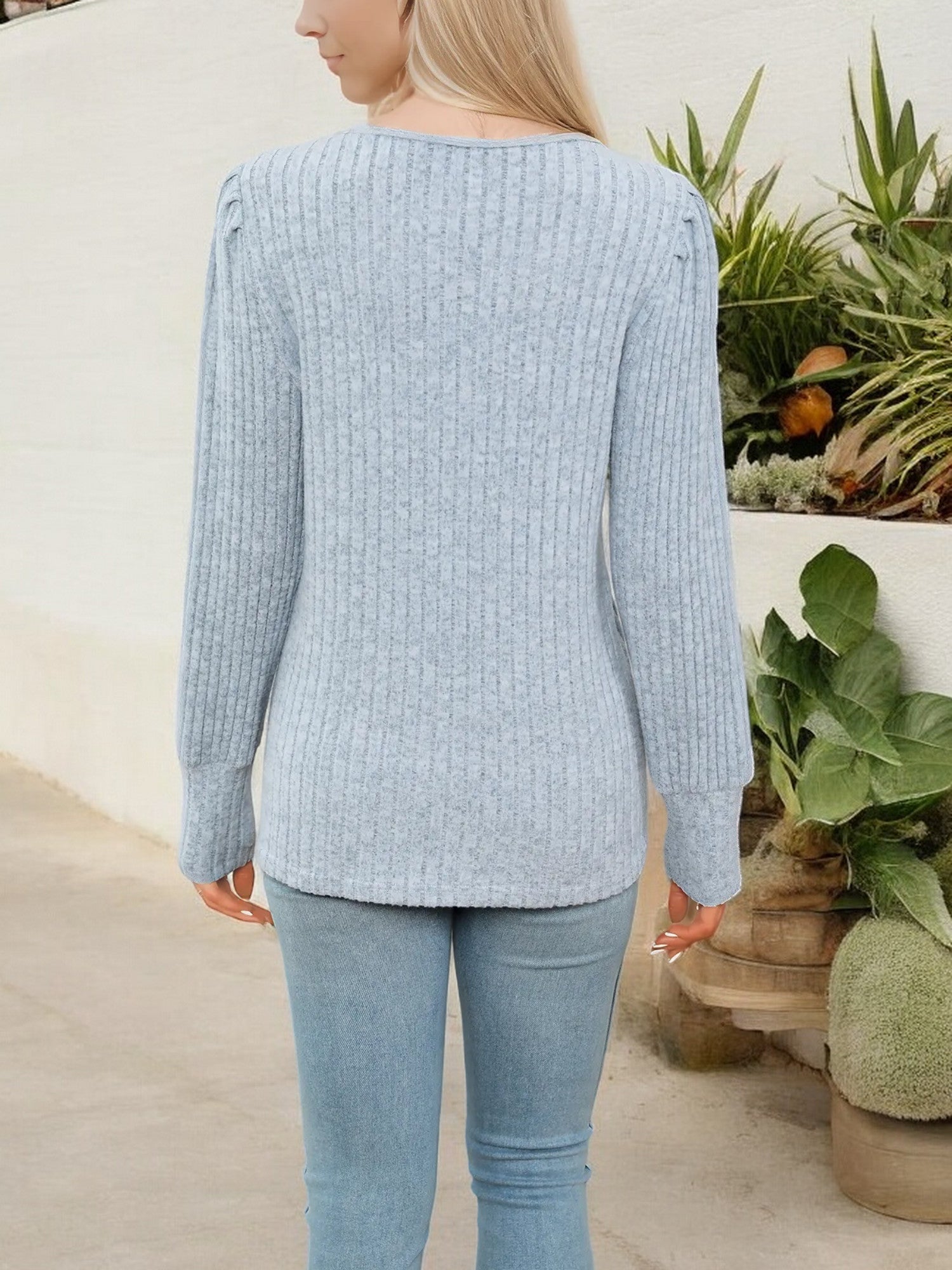 Women's V-Neck Ribbed Knit Sweater with Lace Trim Detail