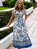 Vestido largo con escote en V, bolsillos y estampado bohemio