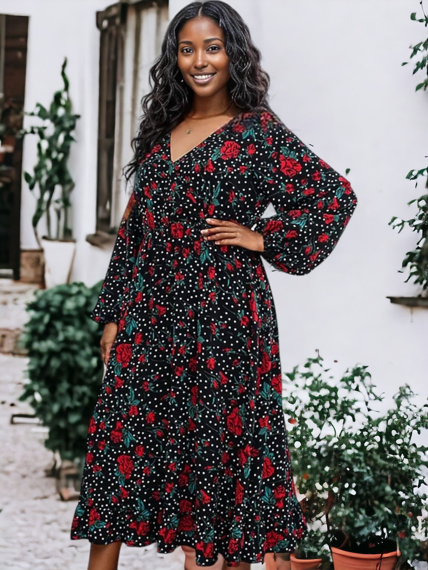 Plus Size Bell Sleeves Rose Floral Print Wrap Maxi Dress  Anna-Kaci