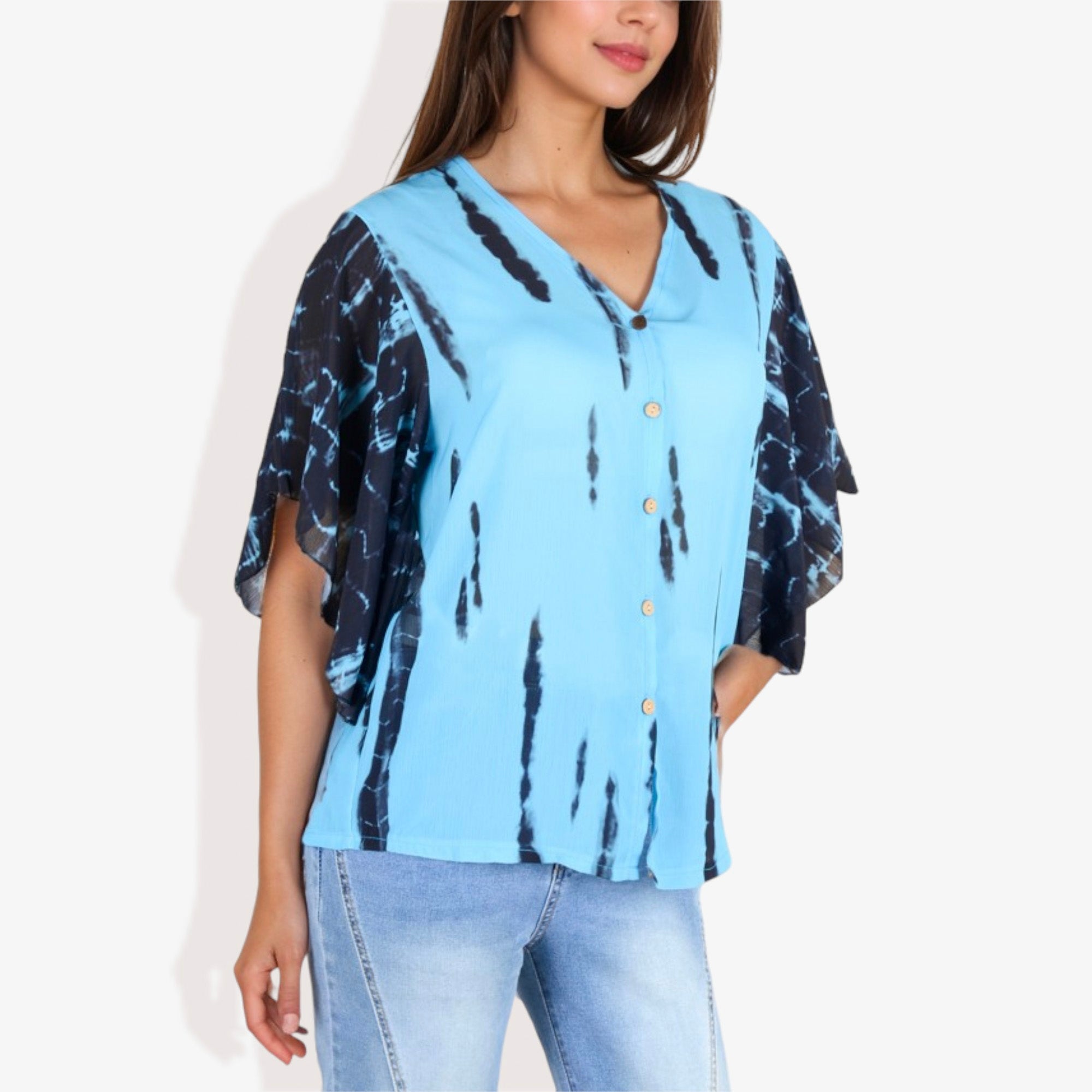 Blusa con mangas estilo kimono y efecto tie-dye con botones en la parte delantera para mujer de Anna-Kaci