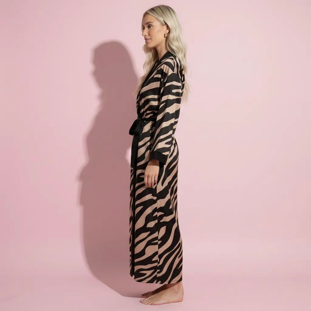 Anna-Kaci Women's Long Satin Robe with Zebra Print Pattern and Tie Waist Belt