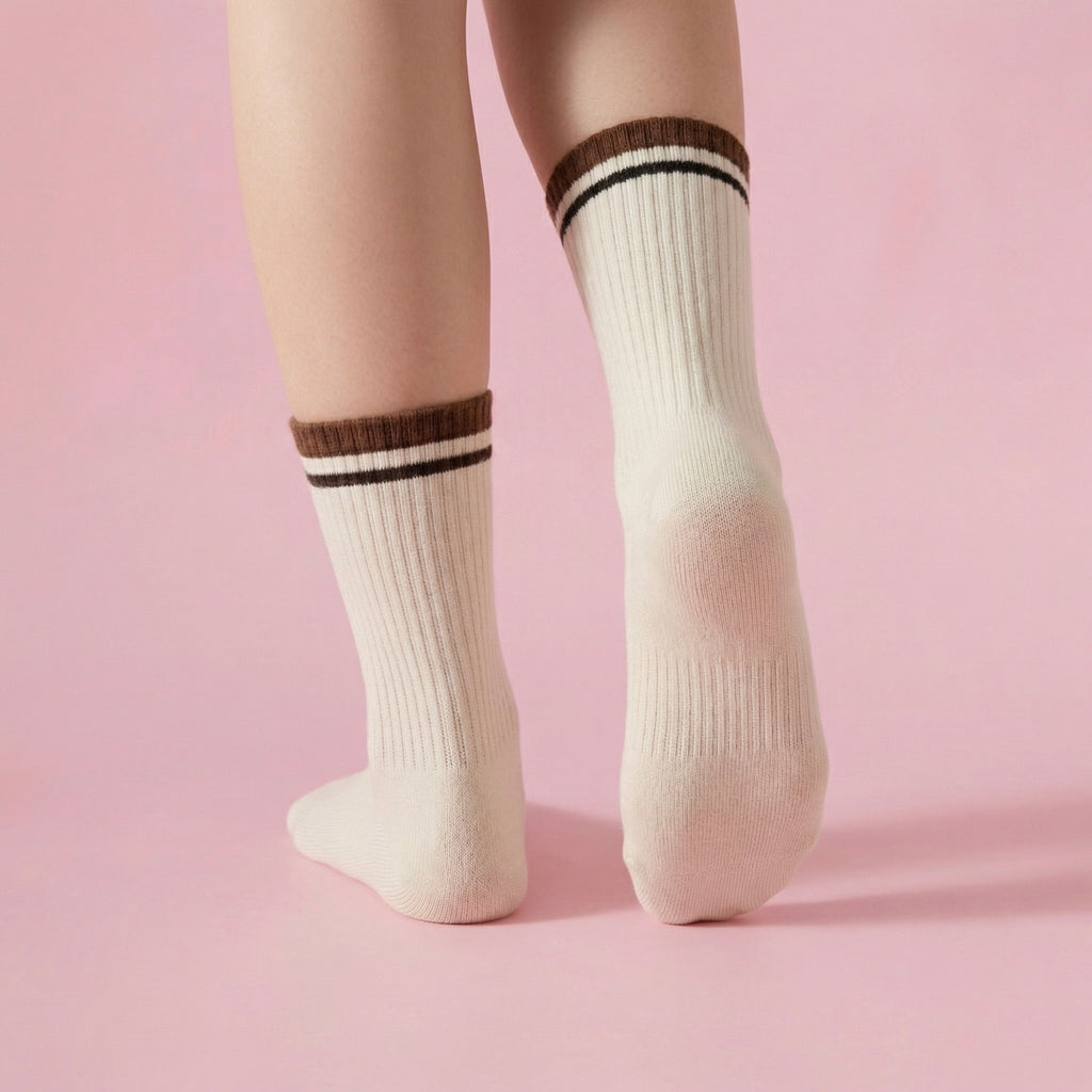 Anna-Kaci Women's 4-Pack Ribbed Crew Socks with Double Stripe Cuff Soft Stretch Fit in Neutral Tones