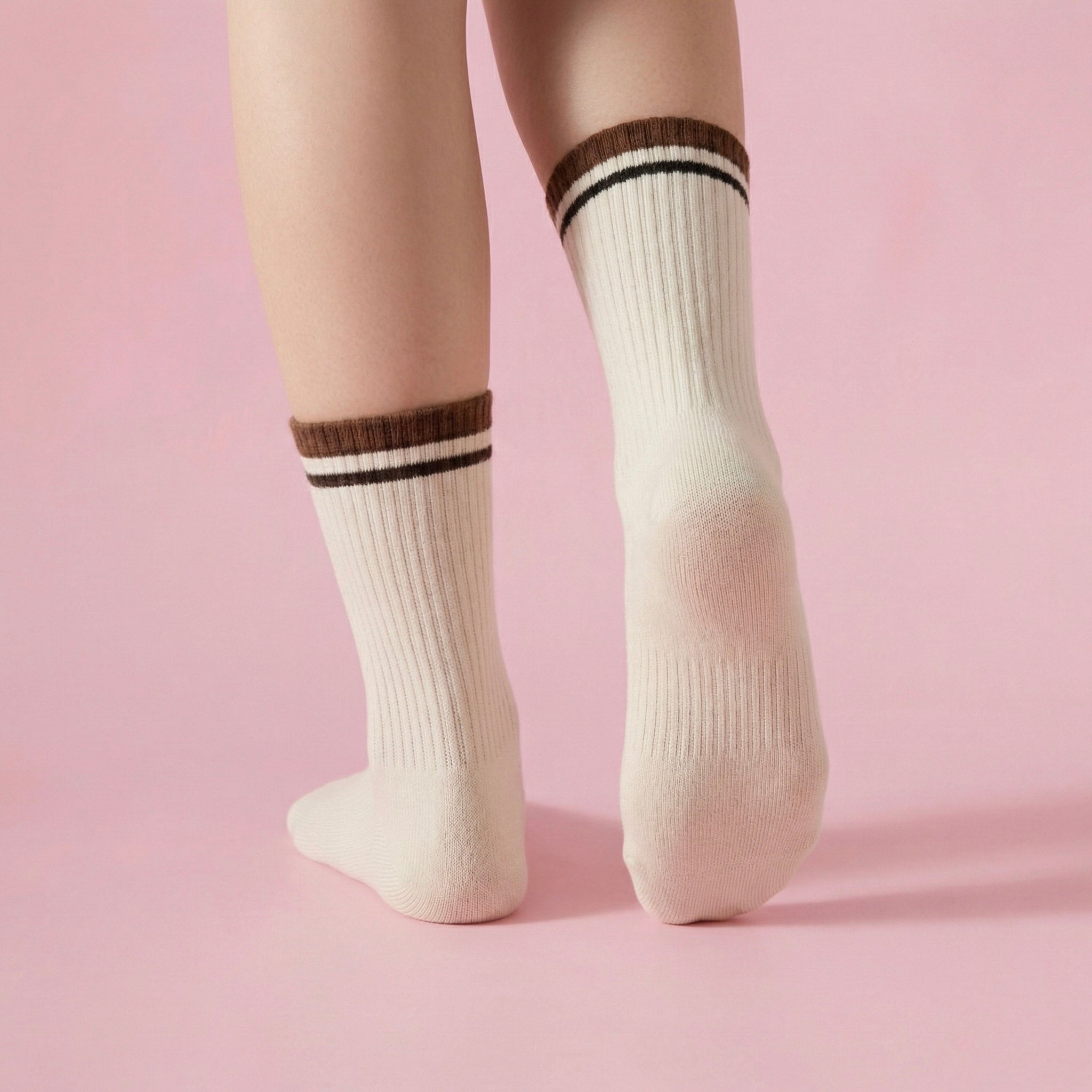 Anna-Kaci Women's 4-Pack Ribbed Crew Socks with Double Stripe Cuff Soft Stretch Fit in Neutral Tones