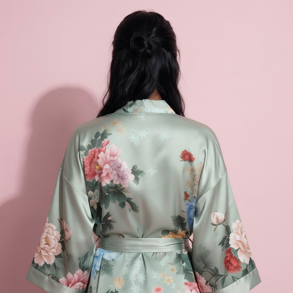 Anna-Kaci Women's Long Satin Kimono Robe with Tie Waist and Artistic Floral Print