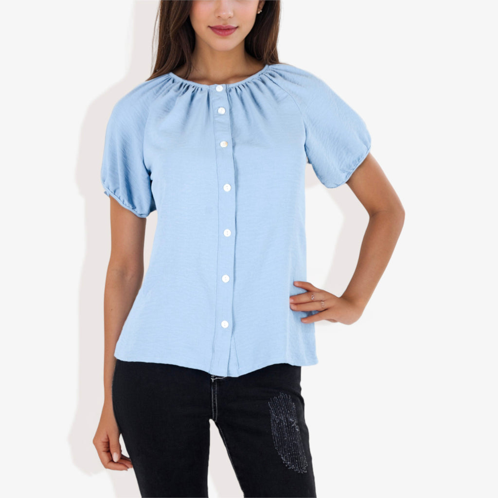 Blusa informal de cuello en V y manga corta con botones para mujer
