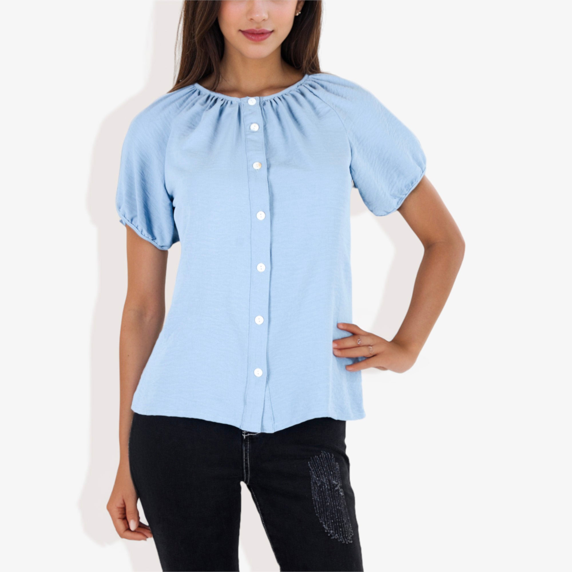 Blusa informal de cuello en V y manga corta con botones para mujer