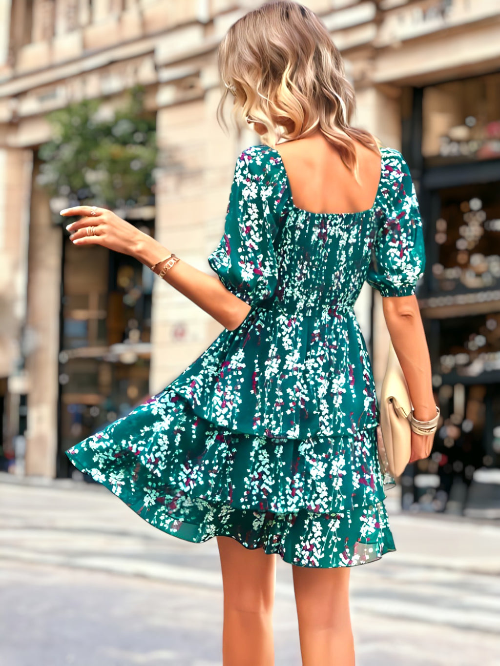 Square Neck Floral Print Tiered Dress