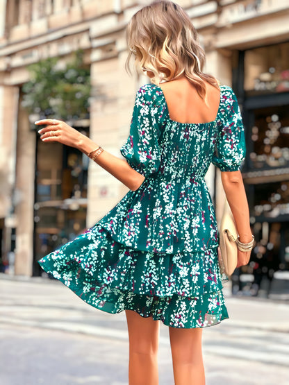Square Neck Floral Print Tiered Dress