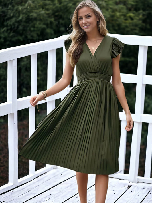 V-Neck And Smock Waisted Pleated Midi Dress