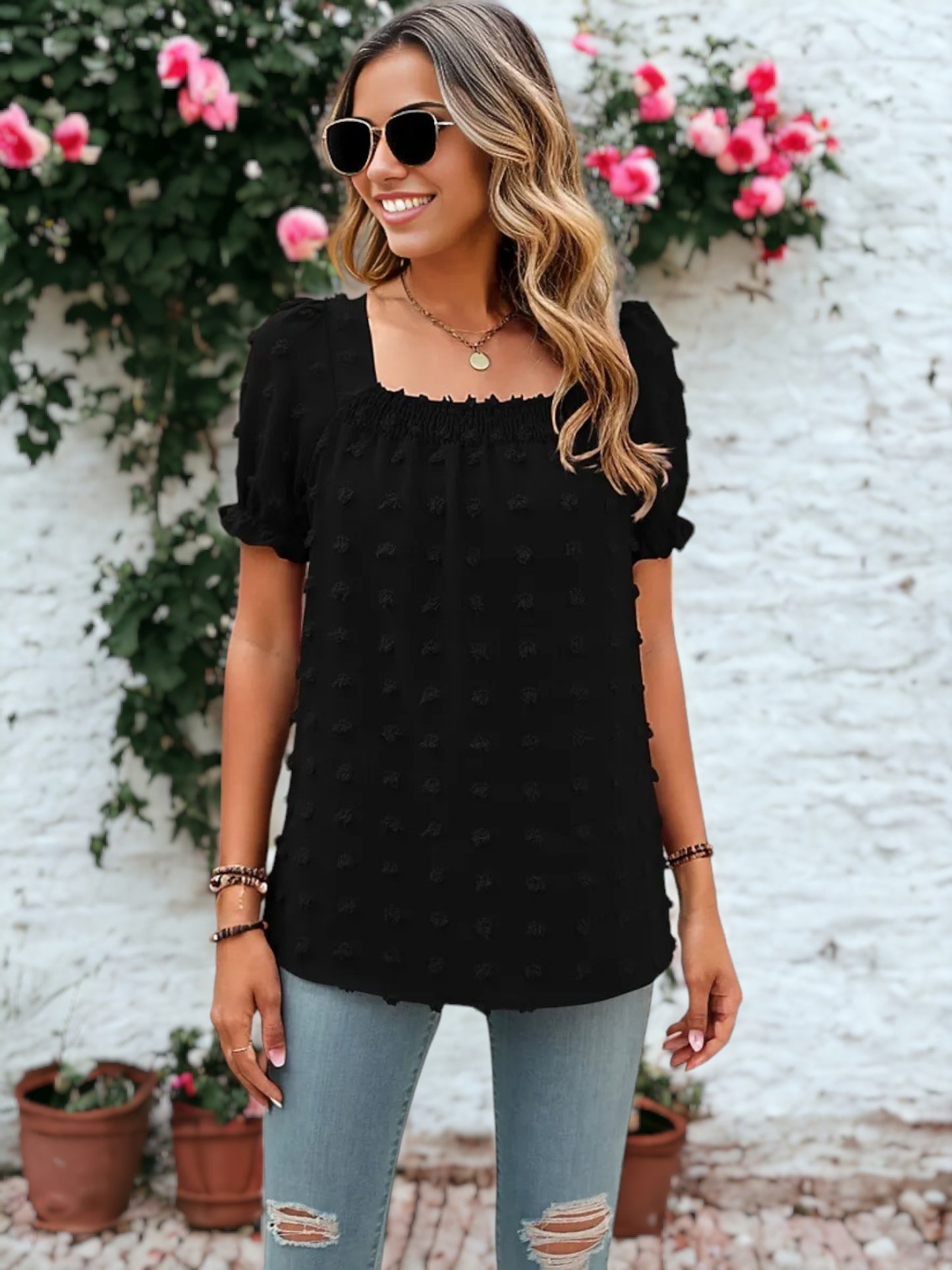Shirred Square Neck Puff Sleeve Blouse