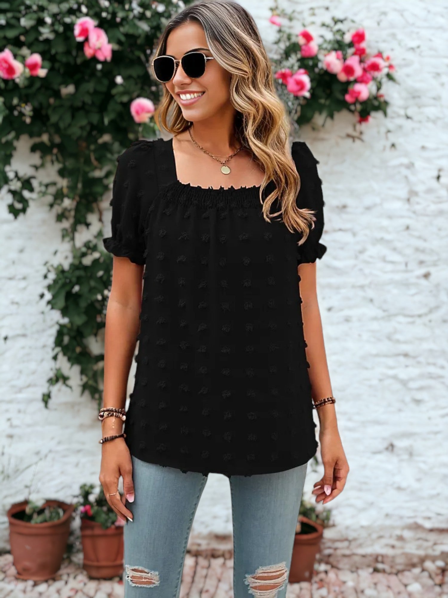 Shirred Square Neck Puff Sleeve Blouse