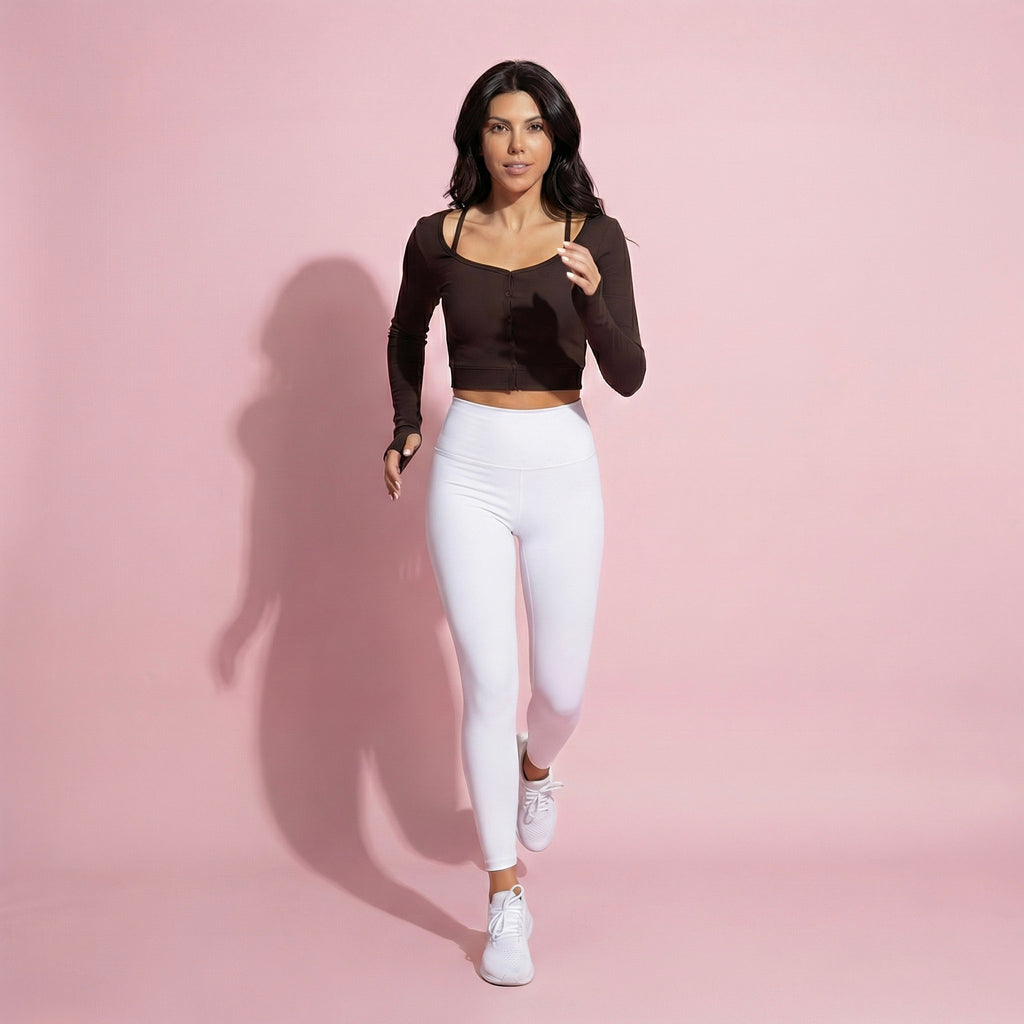 Cropped Button-Up Ribbed Long Sleeve Top with Scoop Neckline