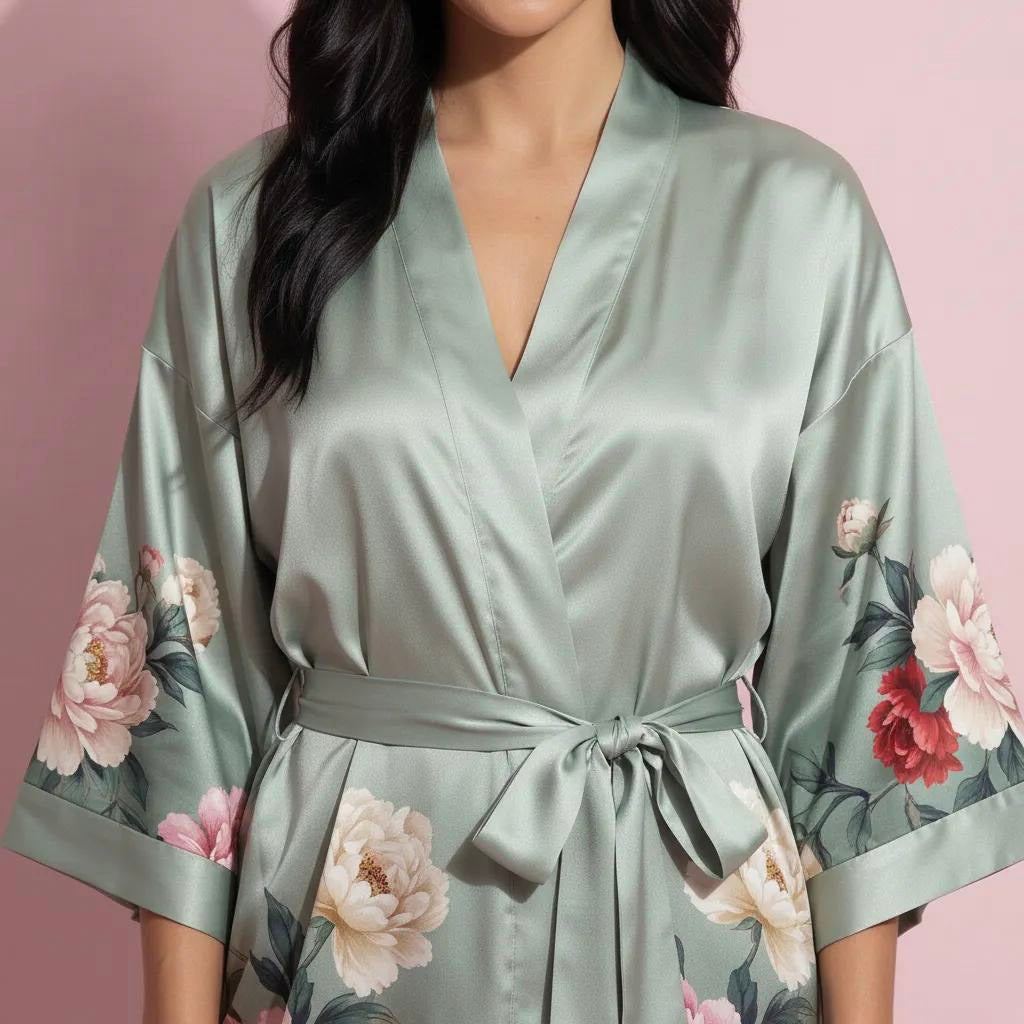 Anna-Kaci Women's Long Satin Kimono Robe with Tie Waist and Artistic Floral Print