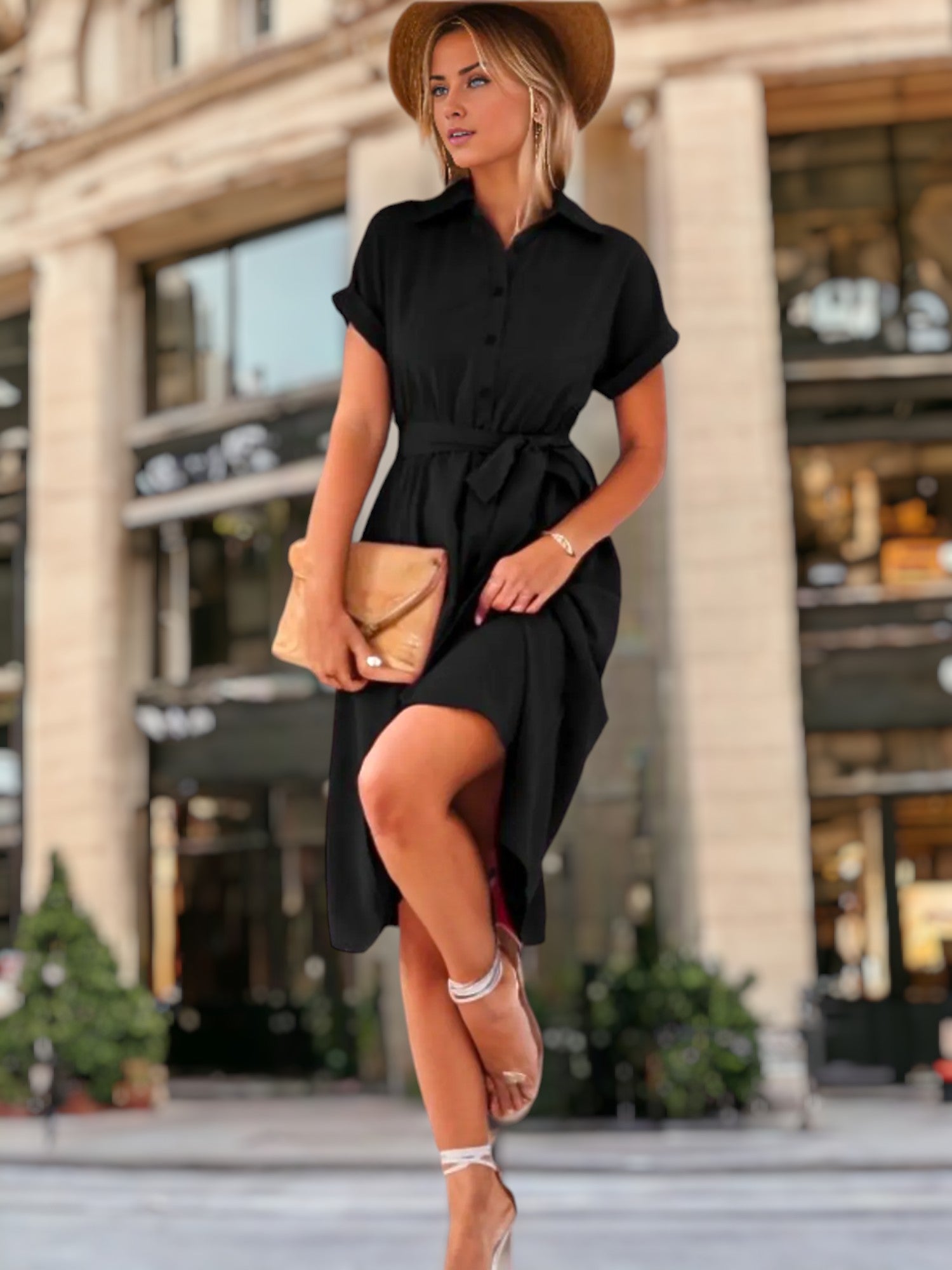 Solid Classic Half Button Collared Dress for Women Knee Length – Anna-Kaci