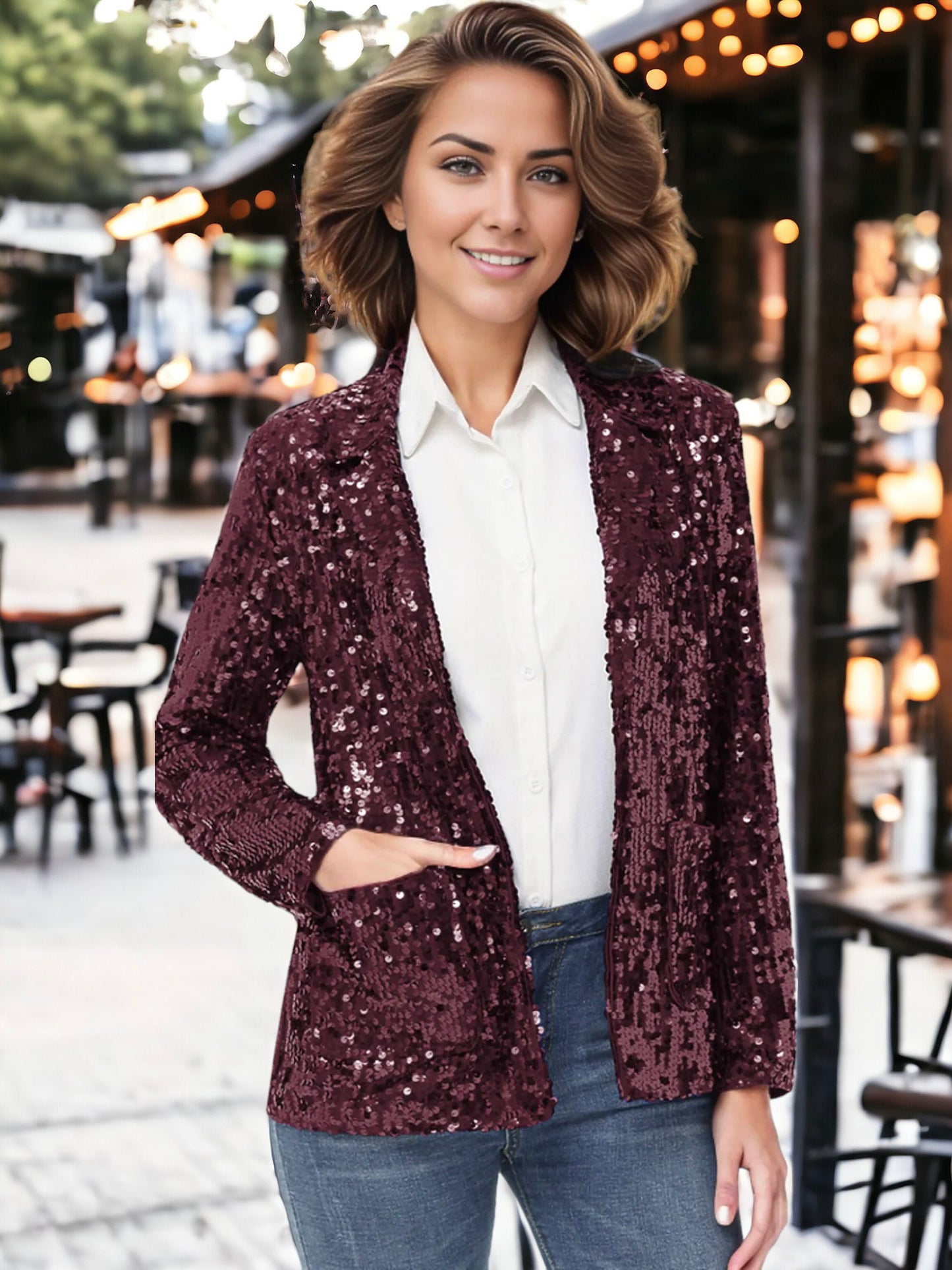 Chaqueta tipo blazer de fiesta con abertura frontal y mangas largas con purpurina