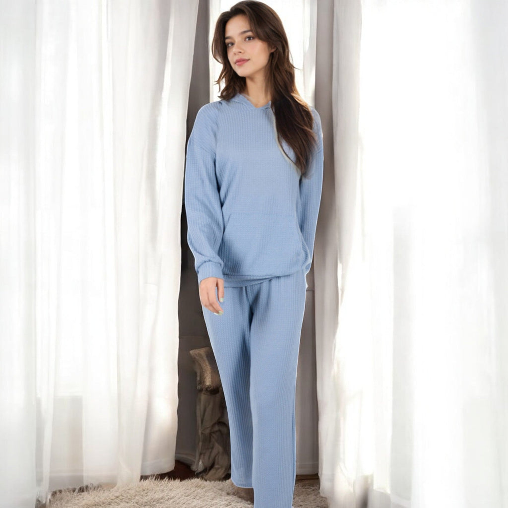 Anna-Kaci Women's Waffle Knit Hoodie Lounge Set with Front Pocket and Relaxed Fit Pants