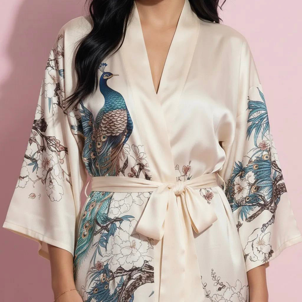 Anna-Kaci Women's Long Satin Kimono Robe with Tie Waist and Artistic Floral Print