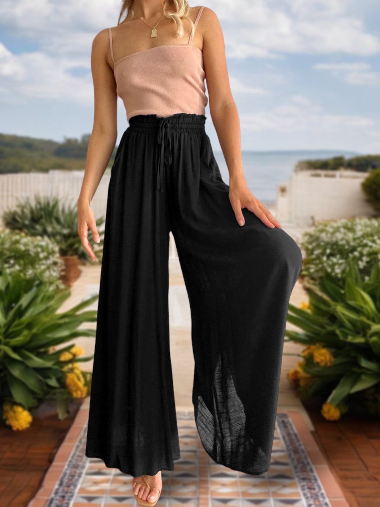 Anna-Kaci Women's High Waist Wide Leg Pants with Drawstring Waist