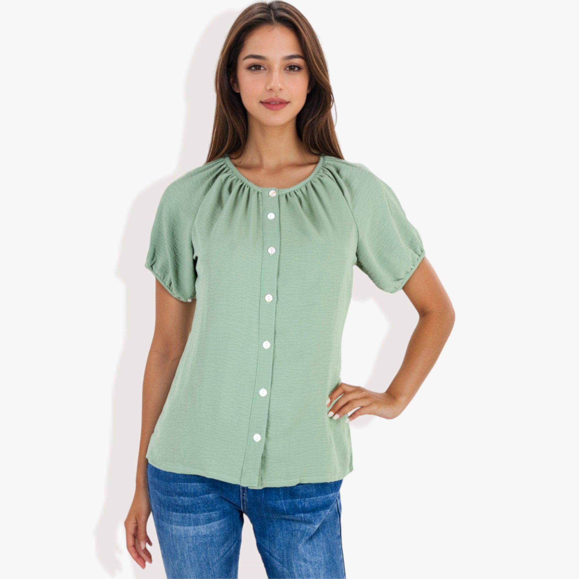 Blusa informal de cuello en V y manga corta con botones para mujer
