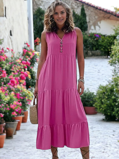 Vestido midi bohemio con volantes, cuello en V y botones detallados para mujer