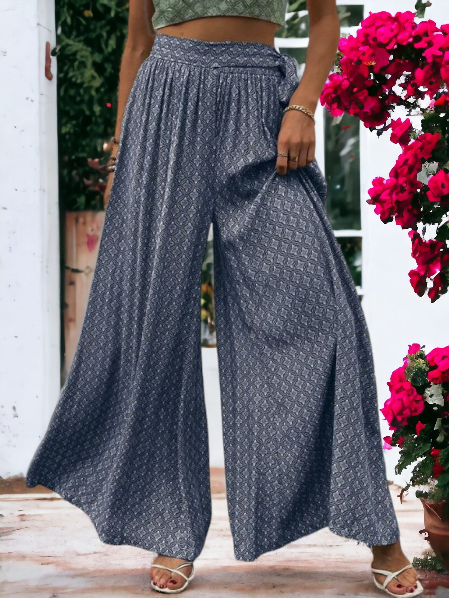 Printed Wide Legged  Waist Tied Pants