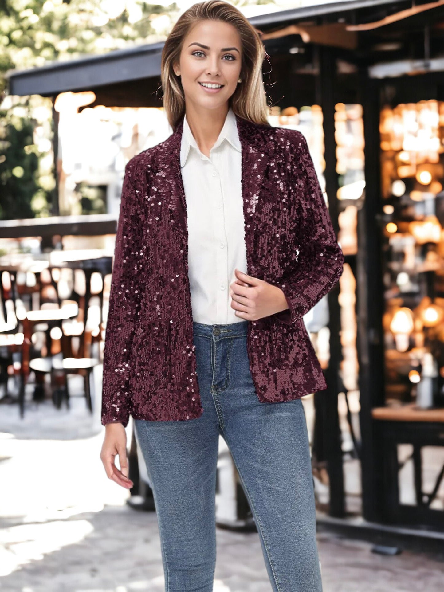 Chaqueta tipo blazer de fiesta con abertura frontal y mangas largas con purpurina