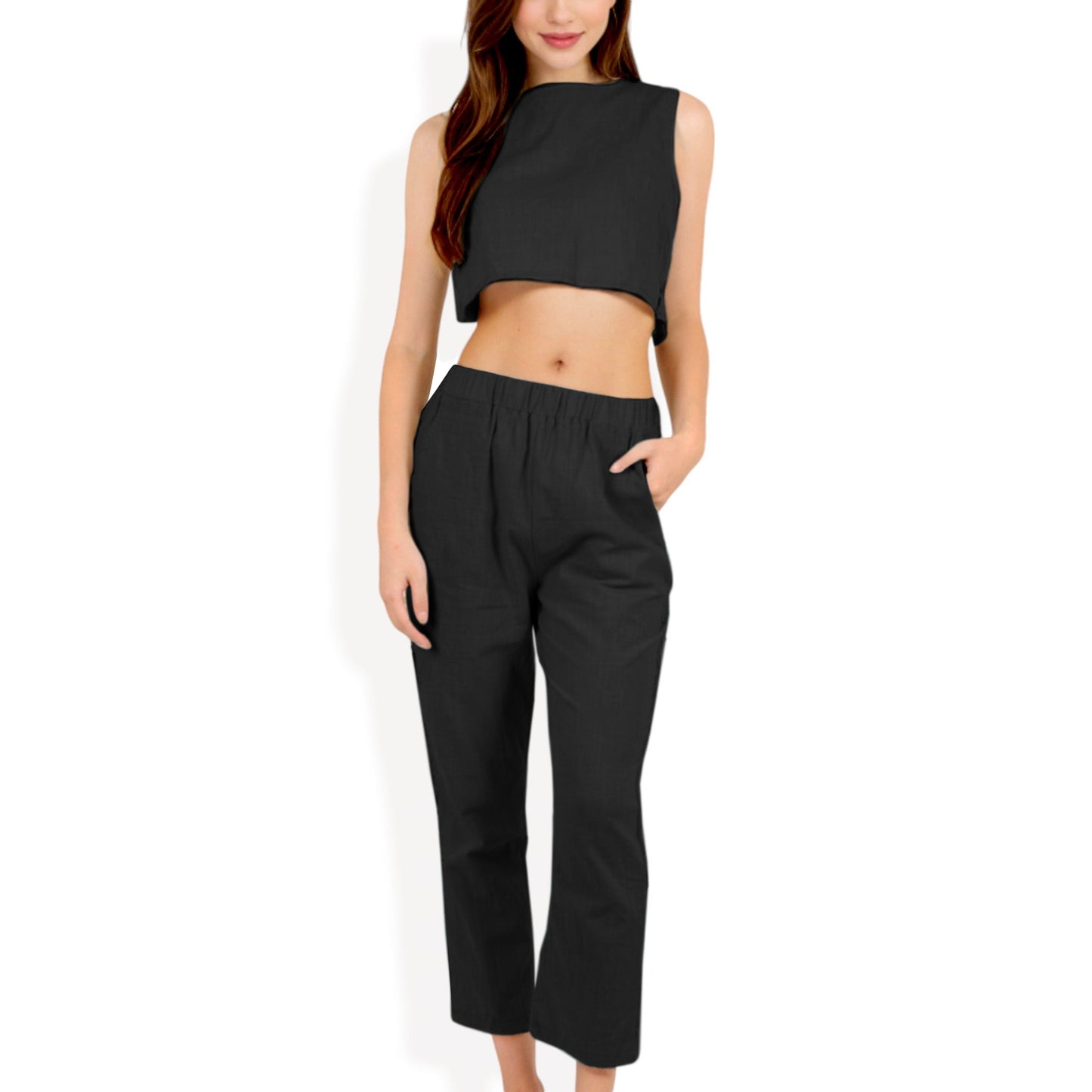 Anna-Kaci Women's Two-Piece Sleeveless Crop Top and Elastic Waist Tapered Pants Set with Pockets