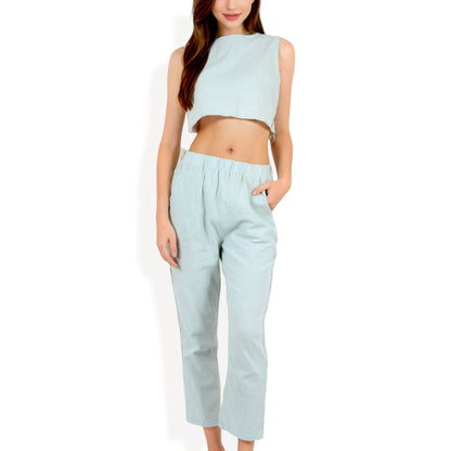 Anna-Kaci Women's Two-Piece Sleeveless Crop Top and Elastic Waist Tapered Pants Set with Pockets