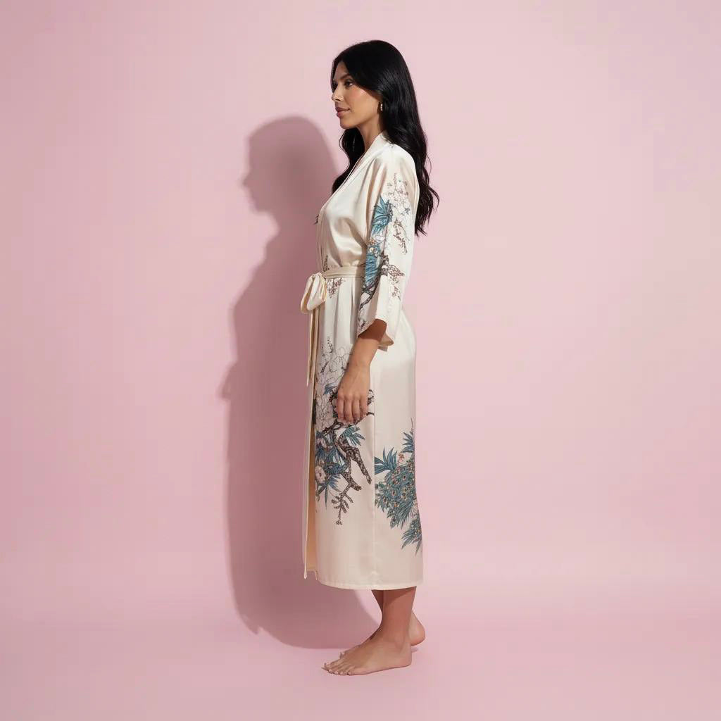Anna-Kaci Women's Long Satin Kimono Robe with Tie Waist and Artistic Floral Print
