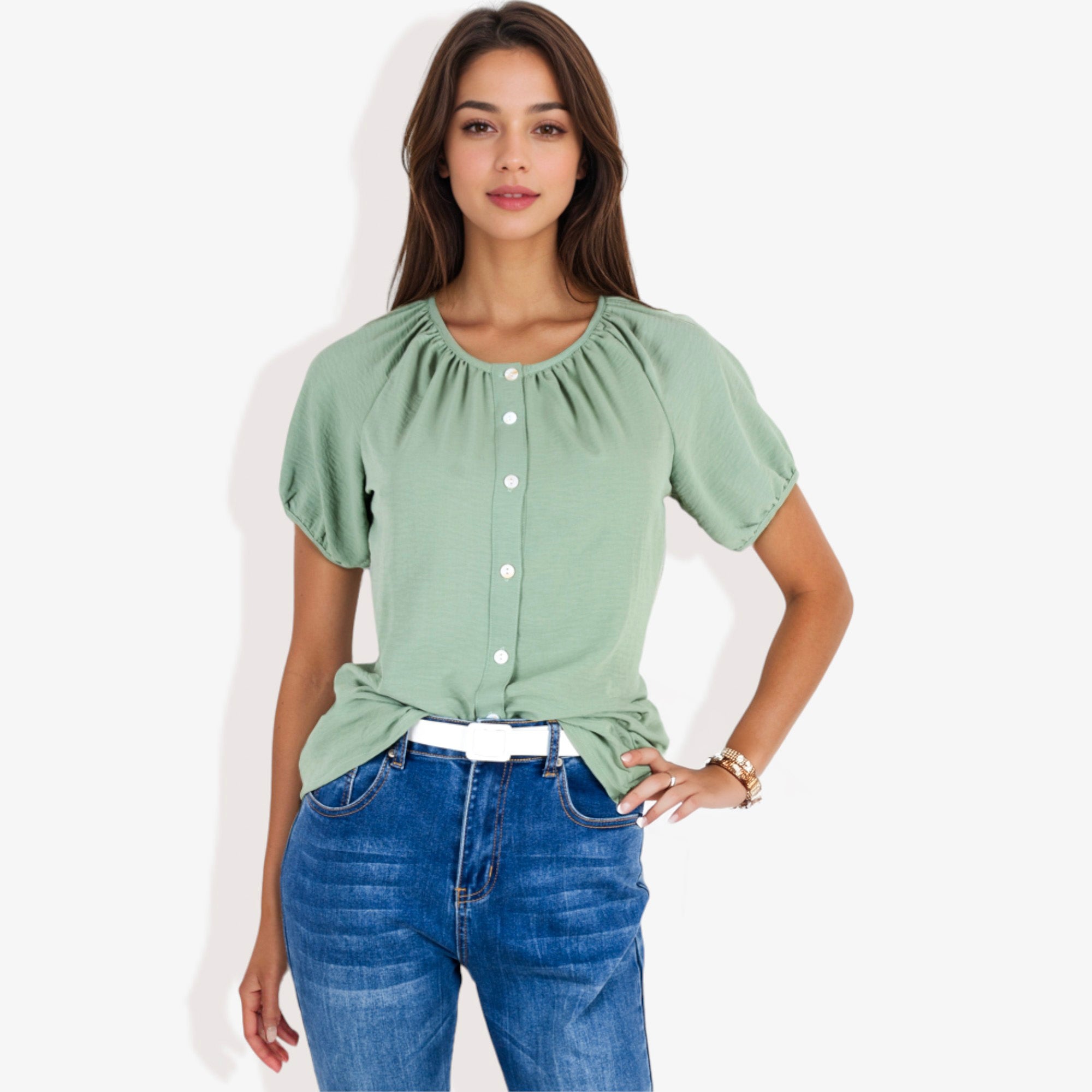 Blusa informal de cuello en V y manga corta con botones para mujer